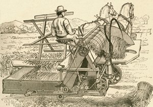Máquina cosechadora, tirada por caballos, que ataba las gavillas de maíz mecánicamente, utilizada a finales del siglo XIX. Del Museo Popular publicado en Madrid de Spanish School