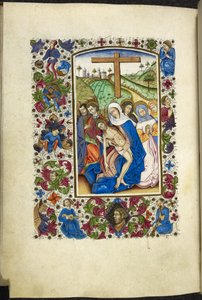 Añadir MS 50004 f.70v La Virgen María sosteniendo el cuerpo de Cristo, con dos discípulos y mujeres a su lado, de un 
