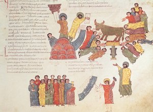 Adoración del becerro de oro, de la Biblia visigoda-mozárabe de San Isidoro, fol.46r., A.D. 960 de Spanish School