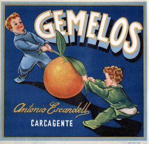 Publicidad de naranjas, imagen de dos bebés gemelos peleando por una naranja. Cartel publicitario, Valencia de Spanish School
