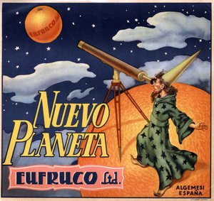 Publicidad con un mago observando "el nuevo planeta Naranja". Cartel publicitario, Valencia