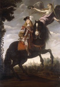 Retrato ecuestre del Rey Carlos II, de cuerpo entero, con un abrigo rojo con ribetes blancos siendo coronado con un laurel por un ángel, Madrid a lo lejos, c.1685 de Spanish School