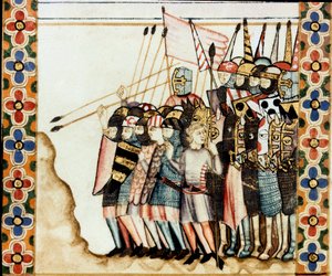 Ejército de los cruzados. Detalle de una página tomada de un manuscrito de la Canción de Santa María (Cantigas de Santa María), decorando miniaturas dedicadas a Santa María y sus milagros, una colección de canciones redactadas bajo el reinado de Alfonso X 