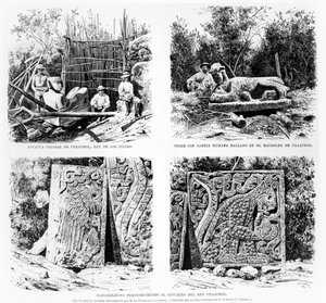 Artefactos descubiertos en Chichen Itza por Augustus Le Plongeon, ilustración de La Illustracion Española y Americana 1877 de Spanish School