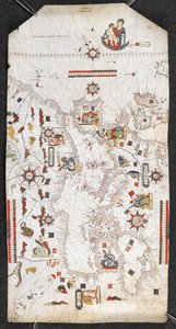 Carta del Mediterráneo y el Mar Negro, y una parte del Atlántico, desde las Islas Británicas por el norte hasta las Canarias por el sur; con las costas; y con los nombres de los principales pueblos en español, Por Jaume Oliues, Mallorqui en Missi de Spanish School