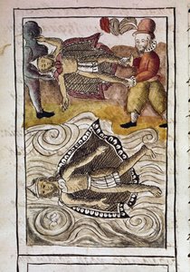 Códice de la conquista de México: Los cadáveres de Itzquauhtzin y Moctezuma, o Moctezuma II emperador azteca (1466-1520), son arrojados del palacio por los españoles. de Spanish School