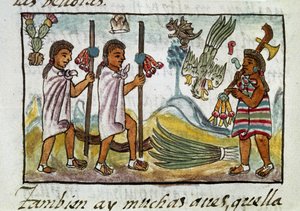 Códice de la conquista de México: mercaderes disfrazados en Tzinacantlan. Miniatura del manuscrito florentino "Storia degli Aztechi" (Historia de los aztecas) de Bernardino de Sahagún.
