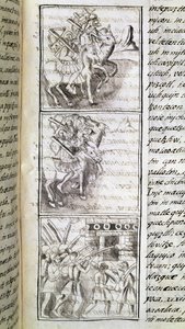 Códice de la conquista de México: los españoles listos para atacar la ciudad de Tenochtitian. Miniatura del manuscrito florentino "Storia degli Aztechi" (Historia de los aztecas) de Bernardino de Sahagún. de Spanish School
