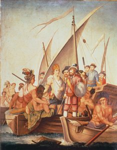 Conquista de México: García de Holguín captura Guatimozin (óleo sobre tabla)