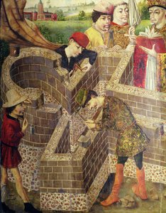 Construcción de una iglesia, detalle de "La iglesia de San Miguel" (óleo sobre tabla) de Spanish School