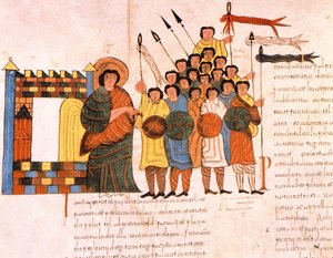 Partida del ejército del rey David para la guerra, de la Biblia visigoda-mozárabe de San Isidoro, fol.131v., A.D. 960