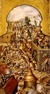 Representación de las atrocidades cometidas durante los combates por la conquista del Templo Mayor y la plaza del Zócalo; de Spanish School