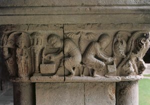 Detalle de un capitel que representa a canteros trabajando de Spanish School