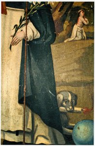 (detalle) mostrando el lirio, bastón y perro con antorcha, atribuciones de San Domingo de Spanish School