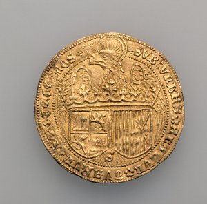 Doble excelente de Fernando II de Aragón (1452-1516) e Isabel de Castilla (1451-1504), Casa de Moneda de Sevilla, 1475 de Spanish School