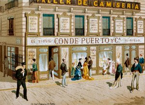 Moda: cartel publicitario para la tienda de telas "Conde Puerto" boutique Barcelona. Siglo XIX de Spanish School