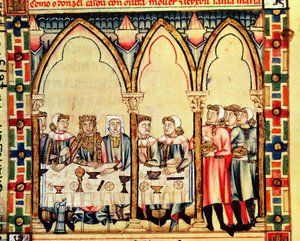 Fol.16v Banquete de compromiso, del manuscrito hecho bajo la dirección de Alfonso X El Sabio, Rey de Castilla y León
