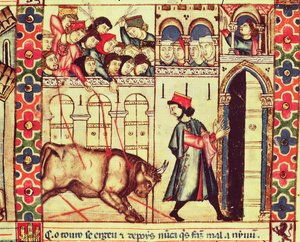 Fol.200r Muerte de un toro en el ruedo, del manuscrito realizado bajo la dirección de Alfonso X El Sabio, Rey de Castilla y León de Spanish School