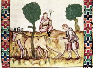 Fol.237r Un agricultor enseñando a su hijo a arar un campo de Spanish School