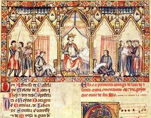 La corte de Alfonso X (1221-84) el Sabio, rey de Castilla y León, miniatura de las Cantigas de Santa María de Spanish School