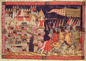 Fol.86v Los troyanos partiendo para la batalla, del Códice Benito Santa Mora
