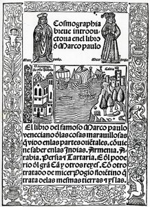 Frontispicio a la primera versión castellana de Los Viajes de Marco Polo, traducida por Rodrigo de Santaella, publicada en 1503