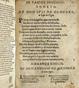 GOGOORA Y ARGOTE, Luis de (1561-1627). Poeta español del Siglo de Oro; VEGA CARPIO, Félix Lope de (1562-1635). Soneto a Lope de Vega", poema incluido en "Poesías varias de grandes ingenios españoles", recopilación realizada por Ios
