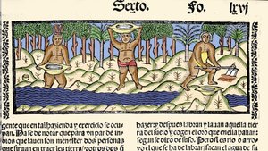 Minería de oro: los indígenas tamizan el río en busca de oro. Grabado del libro “Historia general de las Indias, islas y tierra firme del mar océano” de Gonzalo Fernández de Oviedo de Spanish School