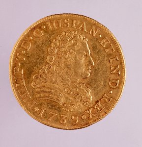 Moneda de oro (8 ecu) de España: reinado de Felipe V (1700-1746) 1739 Diam. 3.6 cm Nápoles, museo arqueológico de Spanish School