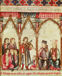 Grupo de trovadores, ilustración de Cantigas de Santa Maria, realizada bajo la dirección de Alfonso X (El Sabio) Rey de Castilla y León (1221-84) de Spanish School