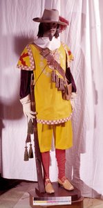 Traje de arcabucero en la época de Felipe II de España (1527-1598). El maniquí sostiene un arcabuz en la mano y lleva una correa al hombro a la que se adjunta la munición (pólvora para el rifle). Museo del Ejército de Madrid