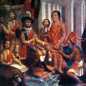 Hernando Cortés (1485-1547) recibiendo el homenaje de los aztecas (óleo sobre lienzo)