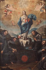 Inmaculada Concepción con franciscanos hortelanos. Origen del coro. Firmado abajo a la izquierda "ADEVOZION DE DA TERESA, Sanchez Yepros ?". Siglo XVIII. Juan Sánchez.