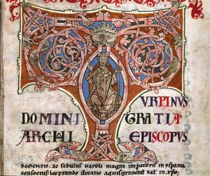 Inicial T con una representación de Carlomagno, ilustración del Codex Calixtinus, c.1140