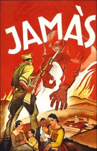 Jamás (Nunca), cartel publicado durante la Guerra Civil Española mostrando a un soldado que protege a familias españolas. Entre 1936 y 1939 de Spanish School