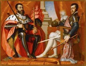Karl V con su hijo Philipp II ... (pintura sobre lienzo) de Spanish School