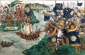 El rey Luis IX (1214-70) y los cruzados llegando a Cartago en 1270 (vitela)
