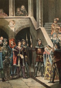 Leonor de Guzmán favorita del rey Alfonso XI detenida y ejecutada por Don Alfonso Fernández de Olmedo, bajo la orden de la reina María de Portugal, en el siglo XIV. En "El Culto de la Hermosura" por Juan Justo Huguet, Molinas Hermanos editores