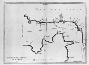Mapa de América Central (Panamá) de un volumen español de viajes de principios del siglo XVII. El mapa está orientado al modo antiguo (noreste a este) y el Océano Atlántico se llama Mar del Norte y el Pacífico Mar del Sur de Spanish School