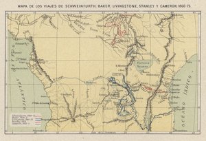 Mapa que muestra los viajes de los exploradores Georg August Schweinfurth, Samuel Baker, David Livingstone, Henry Morton Stanley y Verney Lovett Cameron en África de Spanish School