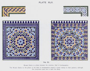 Dados de mosaico en pilares entre las ventanas, Salón de Embajadores