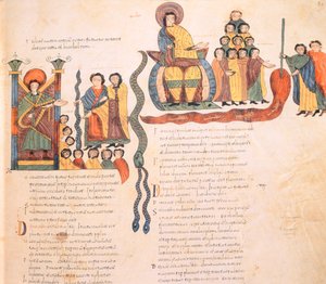 Moisés y Aarón ante el Faraón, Moisés con la Serpiente y creando una de las Plagas de Egipto transformando con su vara las aguas del Nilo en sangre, de la Biblia Visigótica-Mozárabe de San Isidoro