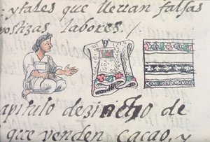 Ms Palat. 218-220 Libro IX Un comerciante azteca vendiendo mantos, del Códice Florentino por Bernardino de Sahagún, c.1540-85 de Spanish School