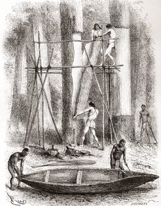 Indios nativos construyendo una canoa en las orillas del río Oyapock u Oiapoque, América del Sur