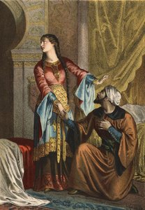 Omar, príncipe musulmán, declarando su amor a Sancha Ona, condesa de Castilla. En "El Culto de la Hermosura" de Juan Justo Huguet, Molinas Hermanos editores de Spanish School