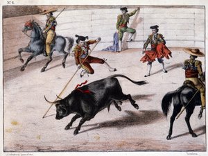 Salto de pértiga, corrida de toros en España, litografía española, s.d. siglo XIX de Spanish School
