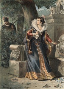Felipe II de España (1527-1598) y la Princesa de Éboli en un parque en “El Culto de la Hermosura” por Juan Justo Huguet, Molinas Hermanos editores de Spanish School