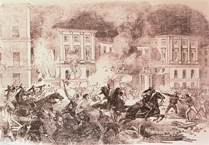 Sublevaciones populistas en Madrid, Los amotinados intentan incendiar el Palacio de la Reina María Cristina en 1854 (lito) de Spanish School