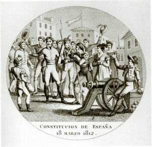 Proclamación de la Constitución Liberal del 18 de marzo de 1812, por los patriotas, promulgada en Cádiz por las Cortes de Spanish School