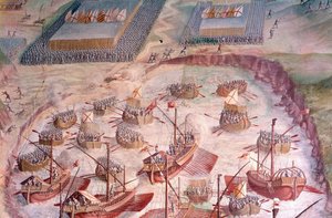 Regata de galeones españoles durante una expedición a las Azores en 1582 bajo Felipe II, rey de España de Spanish School